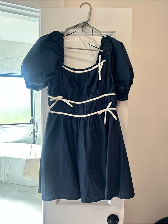 Day + Moon Dresses & Skirts - Navy Puff-Sleeve Mini Dress with White Trim